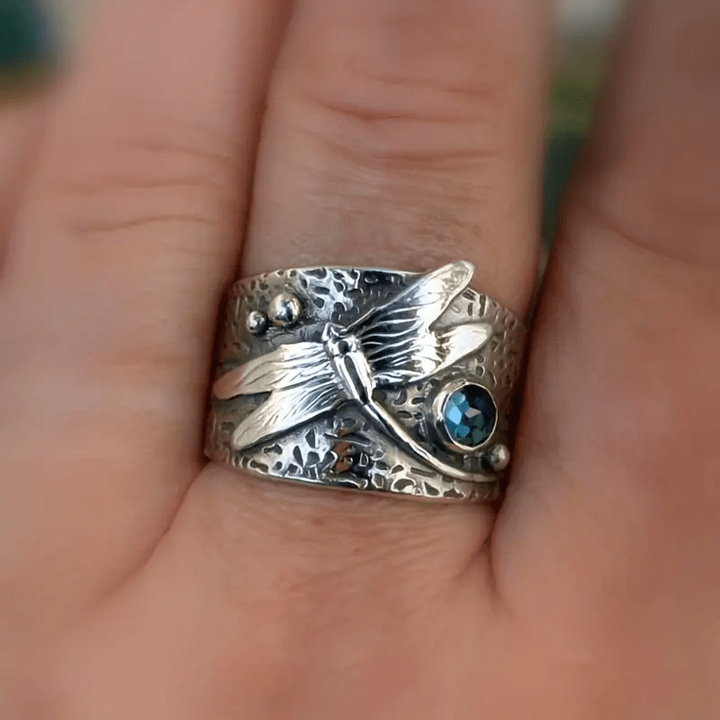 Vintage Blauw Kristallen Libelle Zilveren Ring