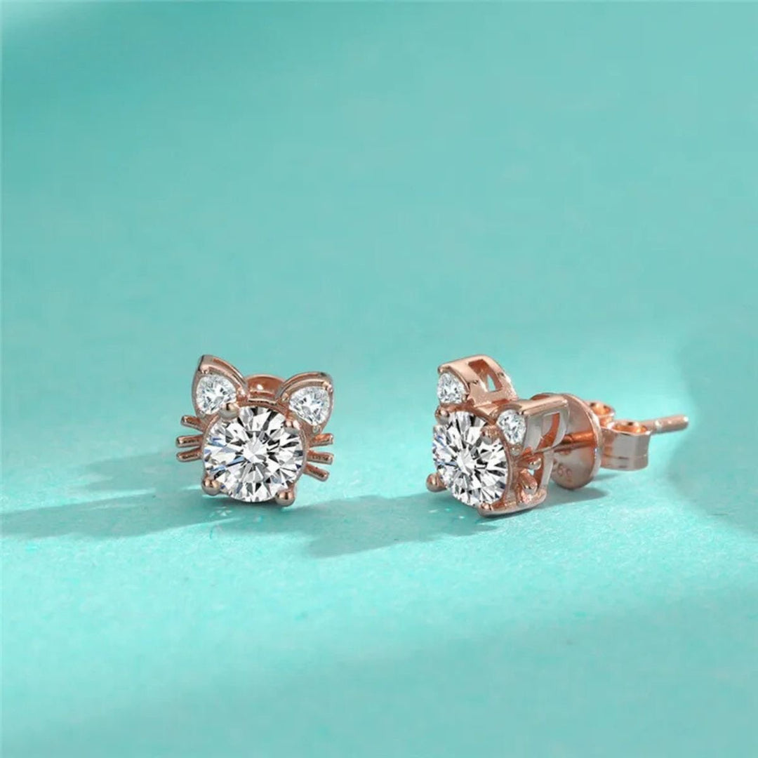 Moissanite Roze Gouden Kat Stud Oorbellen in 925 Sterling Zilver