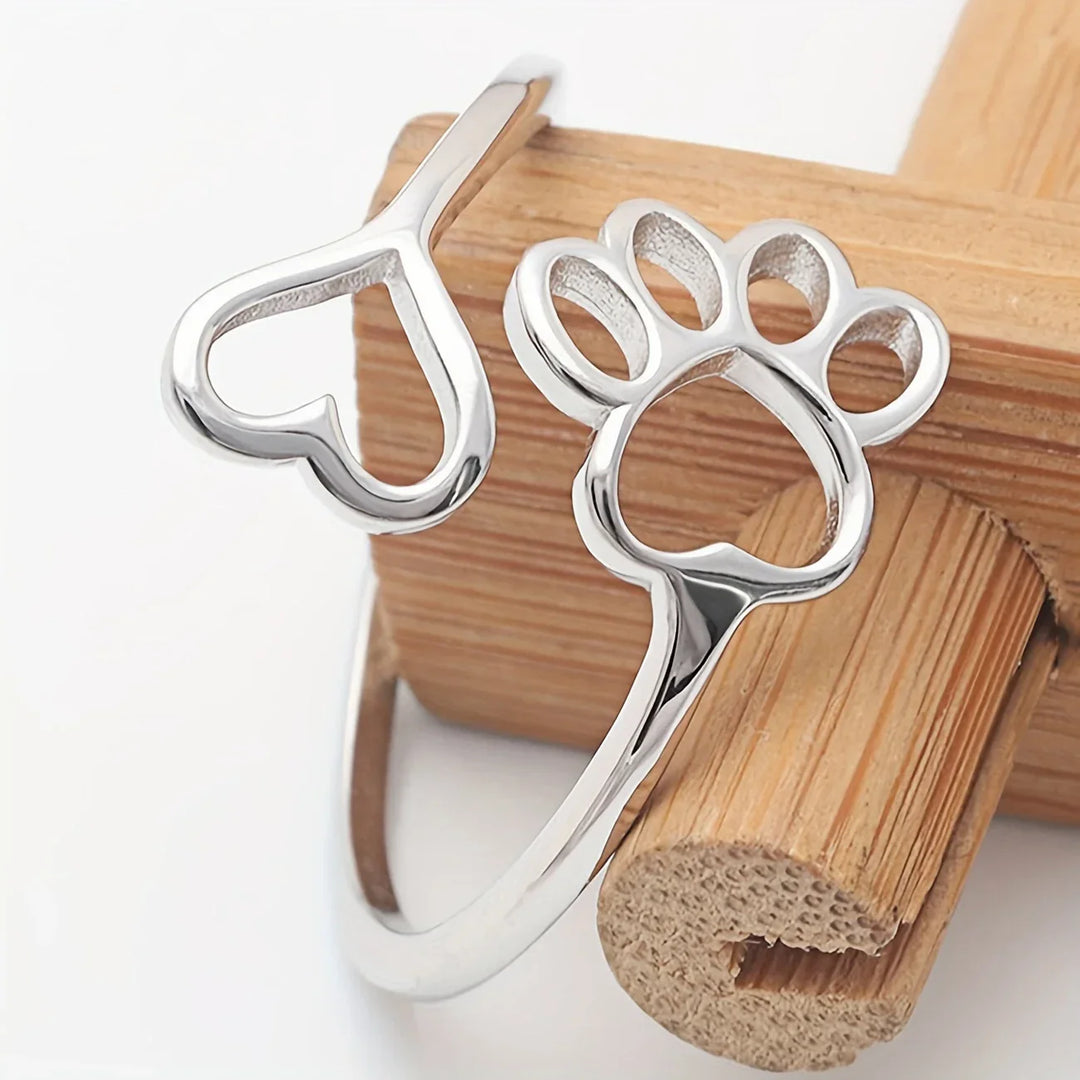 Handgemaakte Poot & Hart Ring – Verstelbaar 925 Sterling Zilver