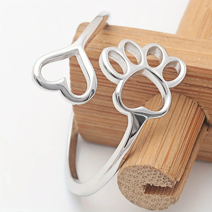 Handgemaakte Poot & Hart Ring – Verstelbaar 925 Sterling Zilver