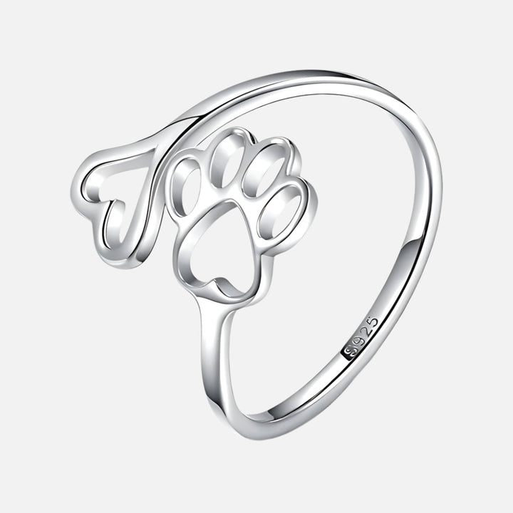 Handgemaakte Poot & Hart Ring – Verstelbaar 925 Sterling Zilver