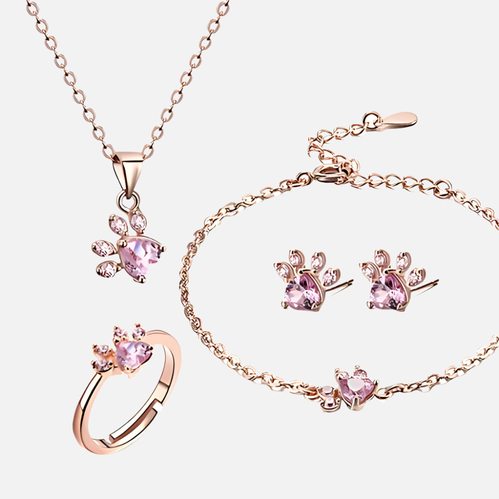 Roze Gouden Poot Sieraden Set – 4 Stukken met Zirkonia Hart (Ring, Ketting, Oorbellen, Armband)