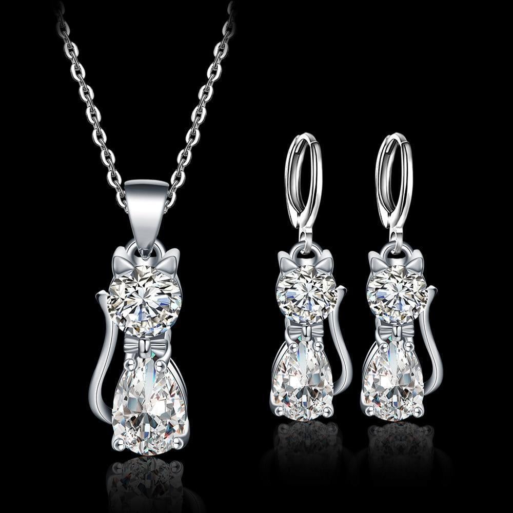 Set Ketting + Oorbellen Blije Katten in Sterling Zilver en Gepolijst Wit Zirkonium