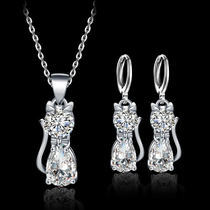 Set Ketting + Oorbellen Blije Katten in Sterling Zilver en Gepolijst Wit Zirkonium