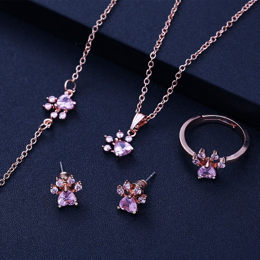 Roze Gouden Poot Sieraden Set – 4 Stukken met Zirkonia Hart (Ring, Ketting, Oorbellen, Armband)