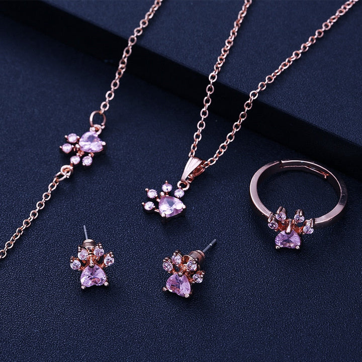 Roze Gouden Poot Sieraden Set – 4 Stukken met Zirkonia Hart (Ring, Ketting, Oorbellen, Armband)